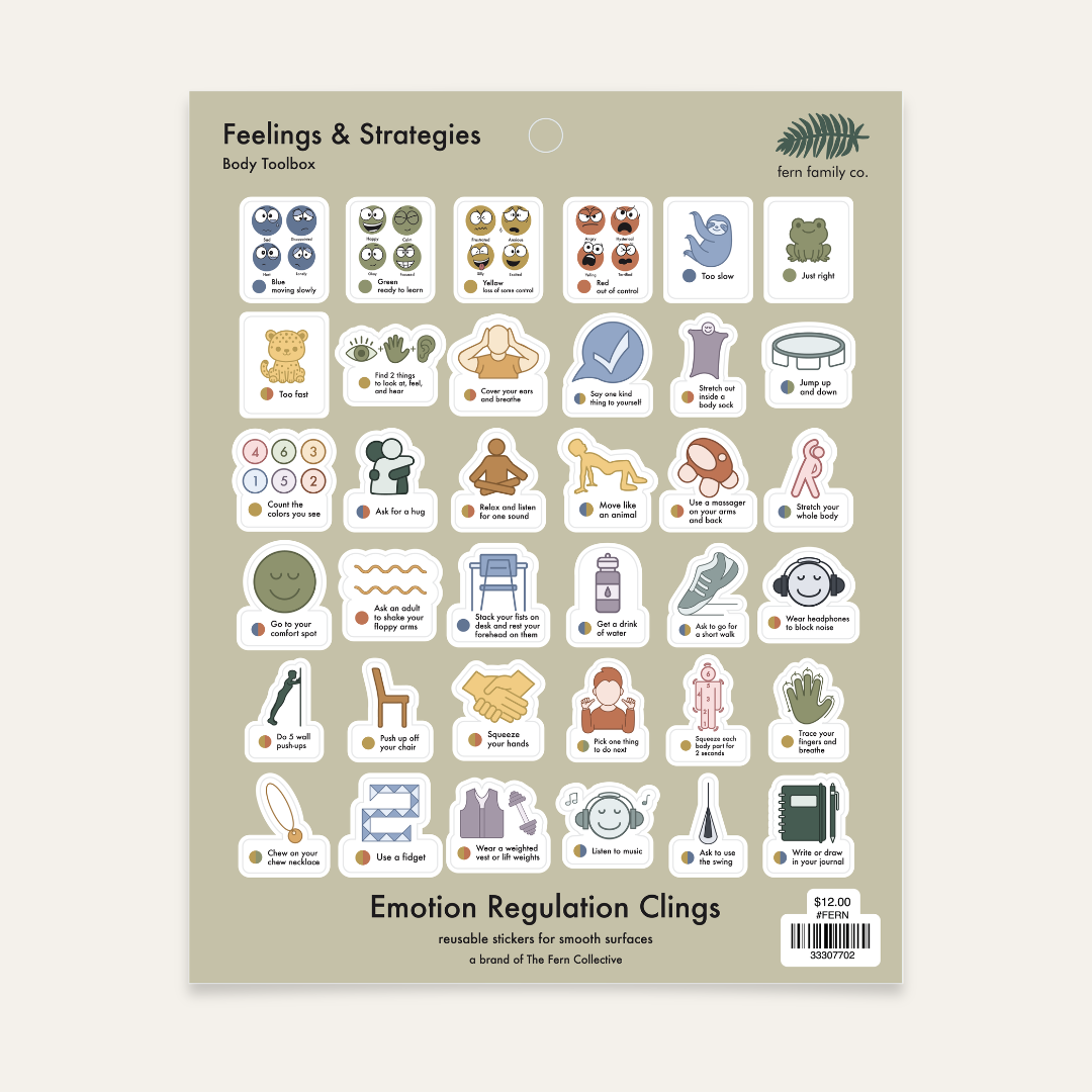 Feelings & Strategies Body Toolbox cling sheet with four color groups and 29 tools