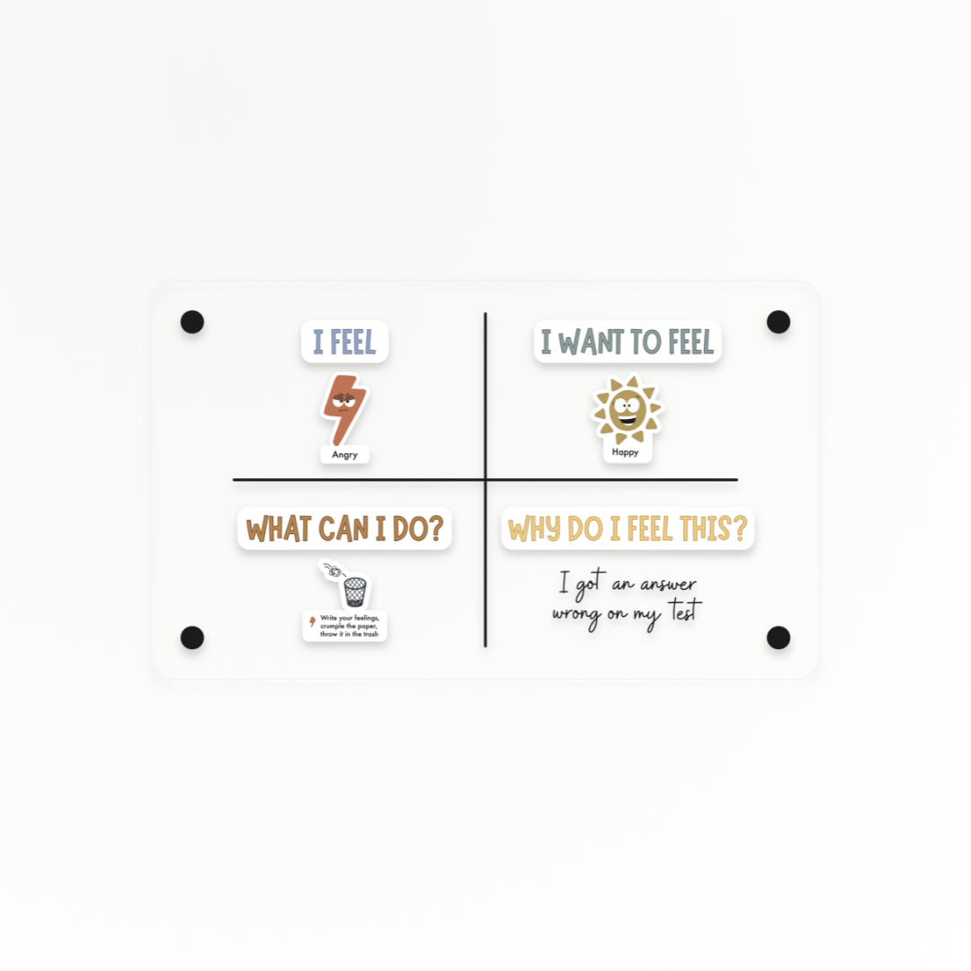 Word clings used with feeling and strategy clings on an acrylic board, horizontal layout