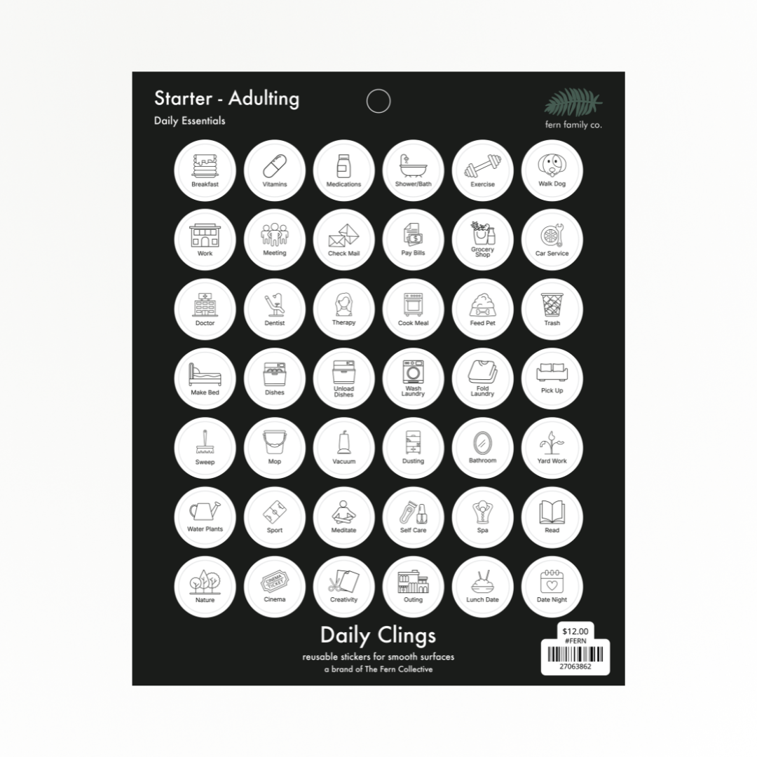 Daily Essentials Starter, Adulting cling sheet with 42 icons