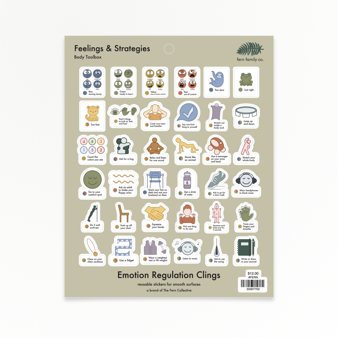 Feelings & Strategies Body Toolbox cling sheet with four color groups and 29 tools